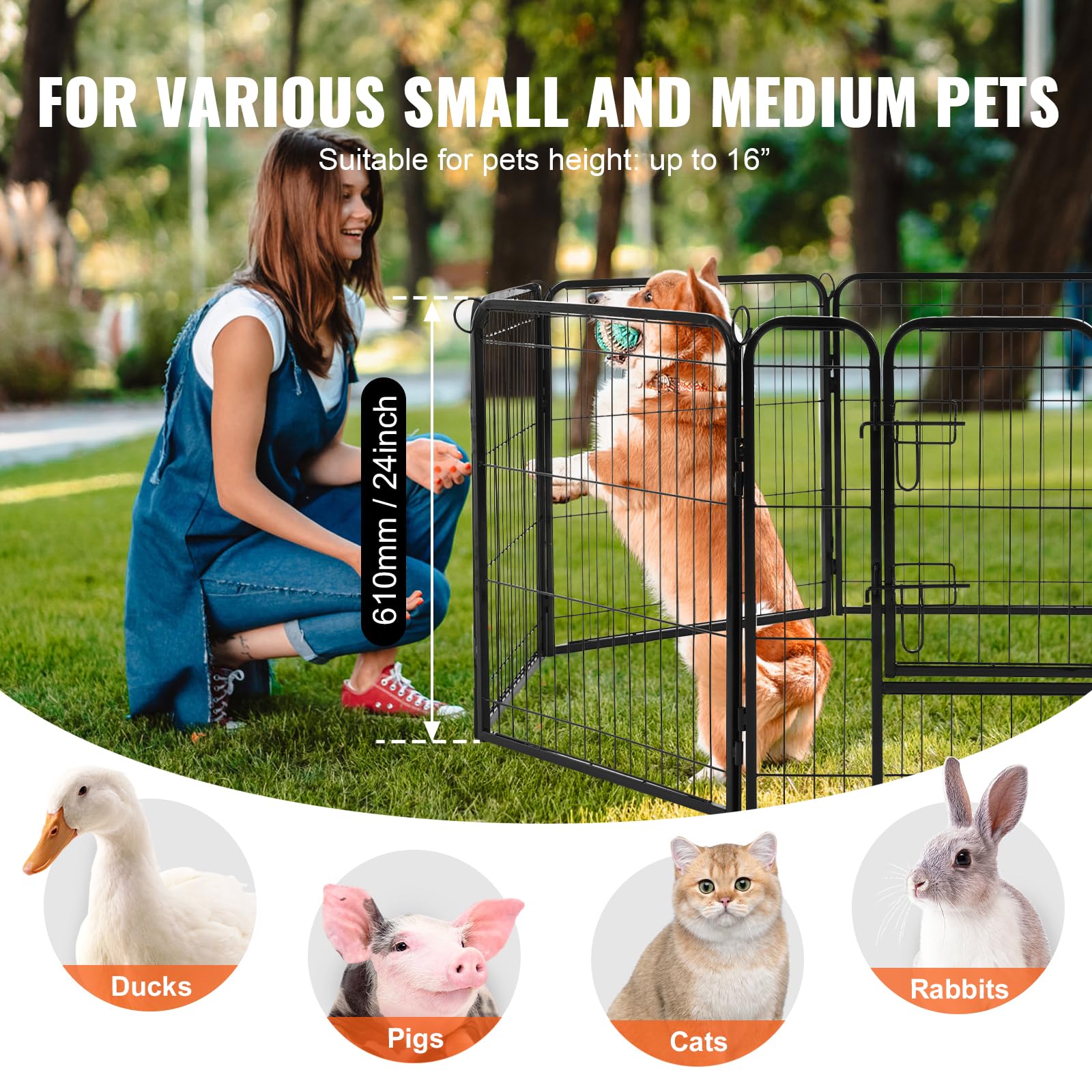 VEVOR Foldable Dog Playpen, 8 Pcs 24 x 24 in Panels Metal Pet Exercise Pen, Dog Fence Indoor and Outdoor Pen with Door, Storage